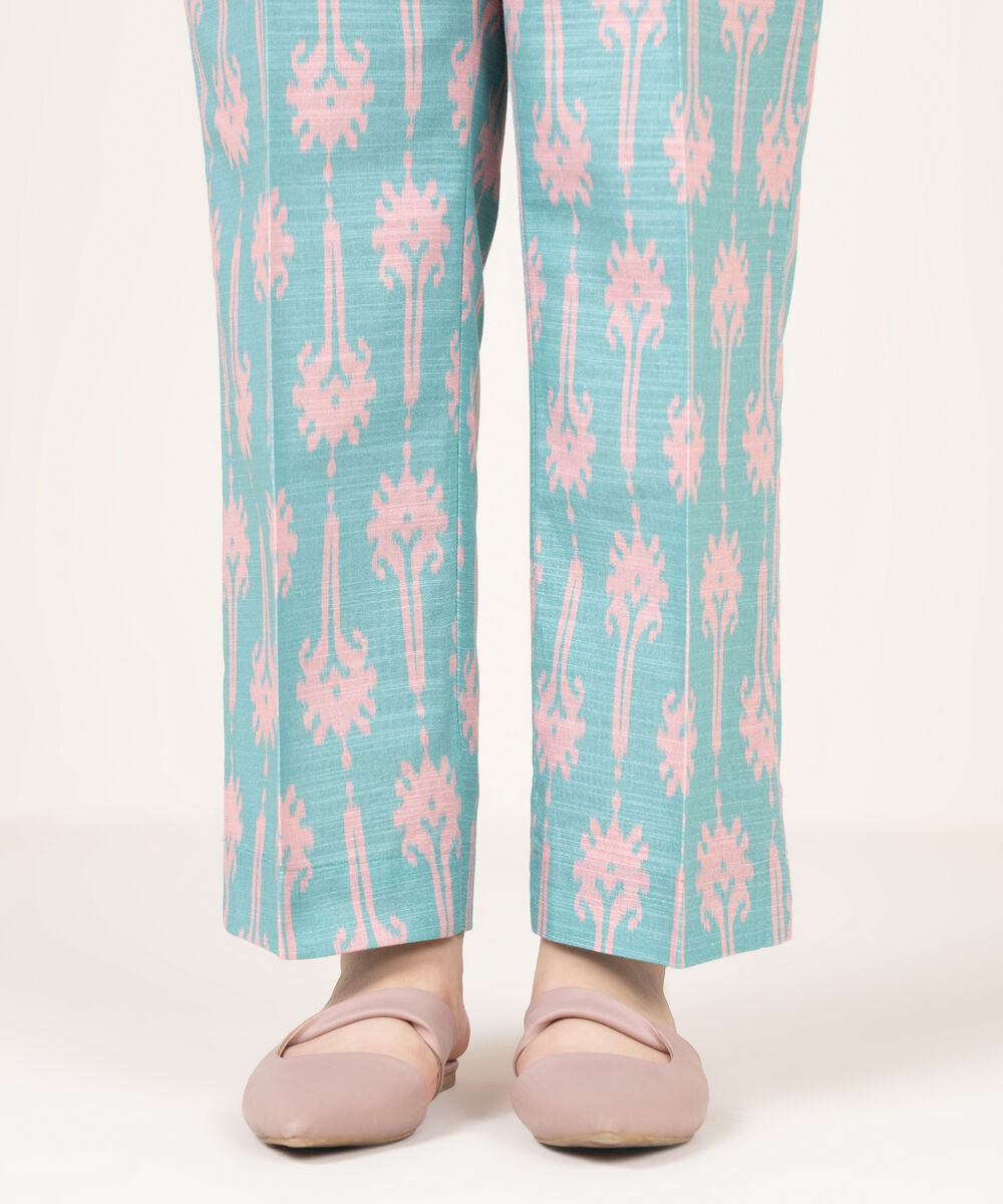 Women's RTW Khaddar Printed Blue Straight Pants
