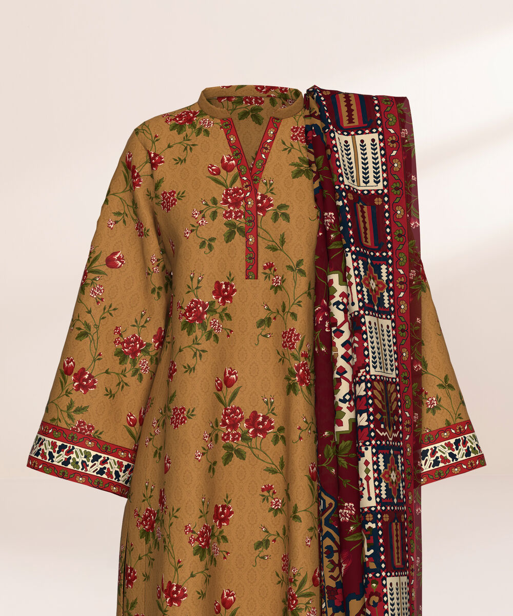 Women's Three Piece Printed Mustard Lawn Suit