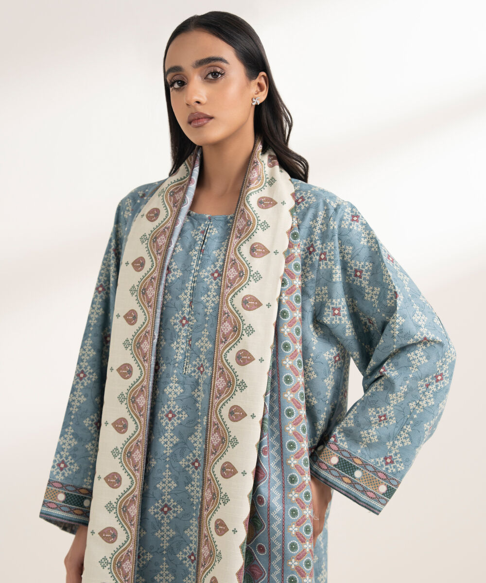 Women's RTW Khaddar Printed Blue 3 Piece Suit