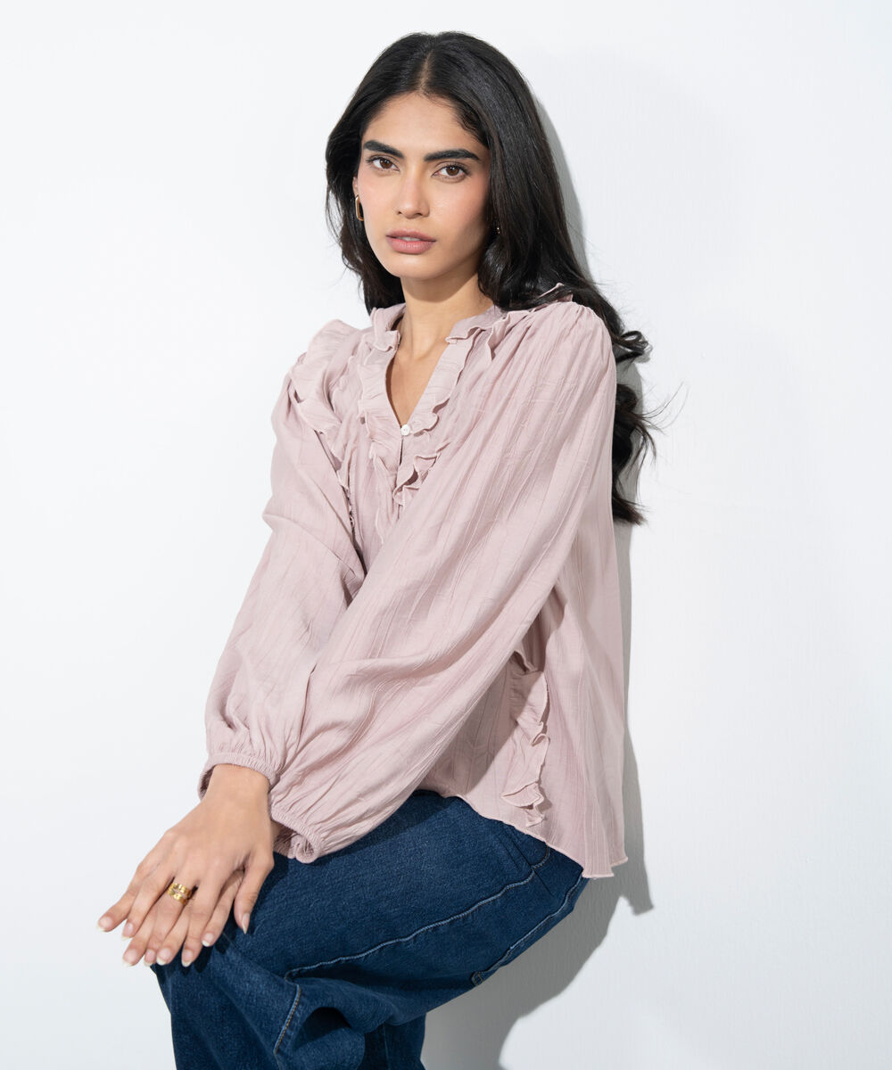 Women's Western Pink Textured Ruffled Top