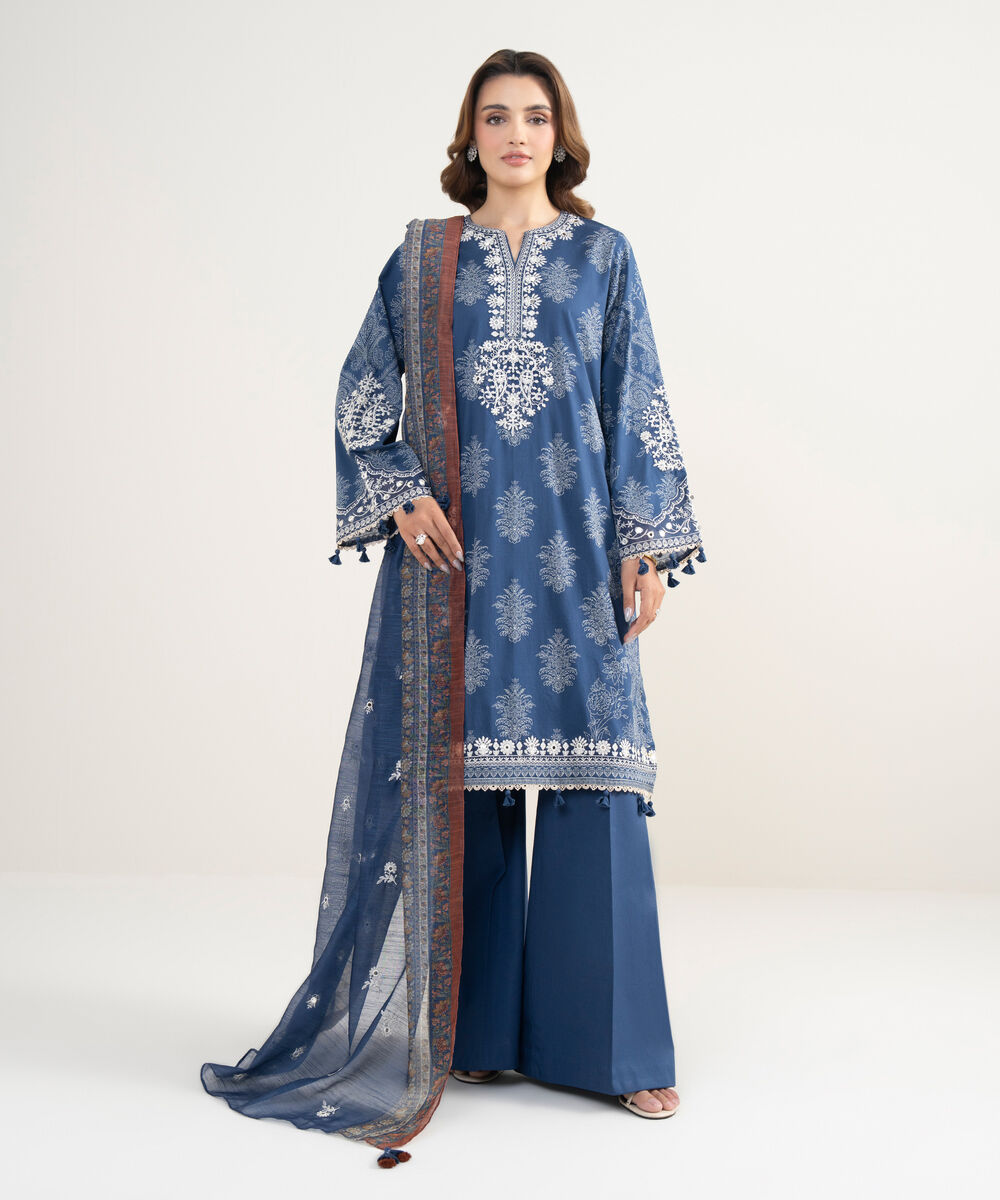 Women's Unstitched Lawn Embroidered Blue 3 Piece Suit