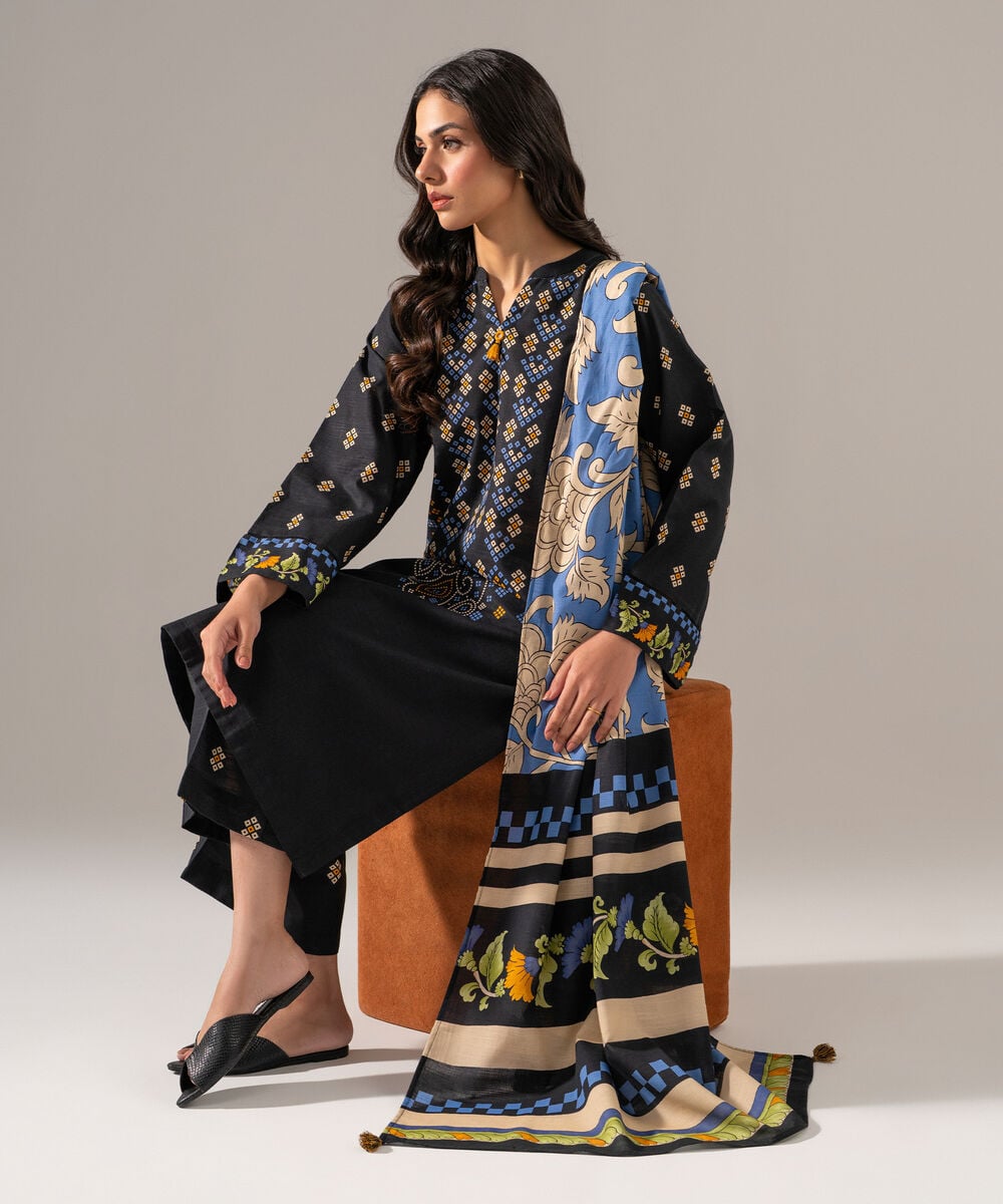Women's RTW Khaddar Printed Black 3 Piece Suit