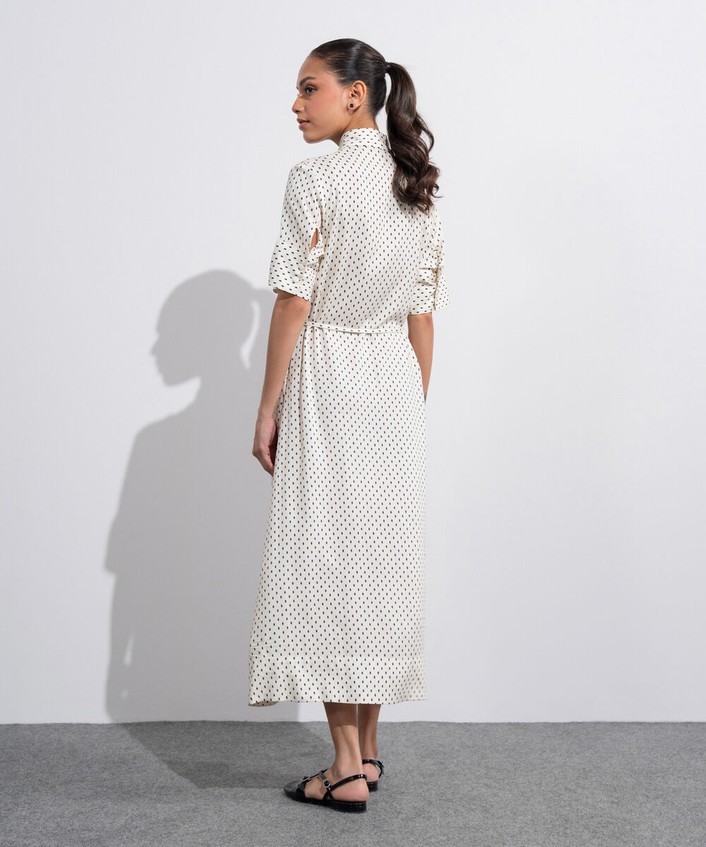 Women's Western White And  Black Polka Dots Flowy Dress