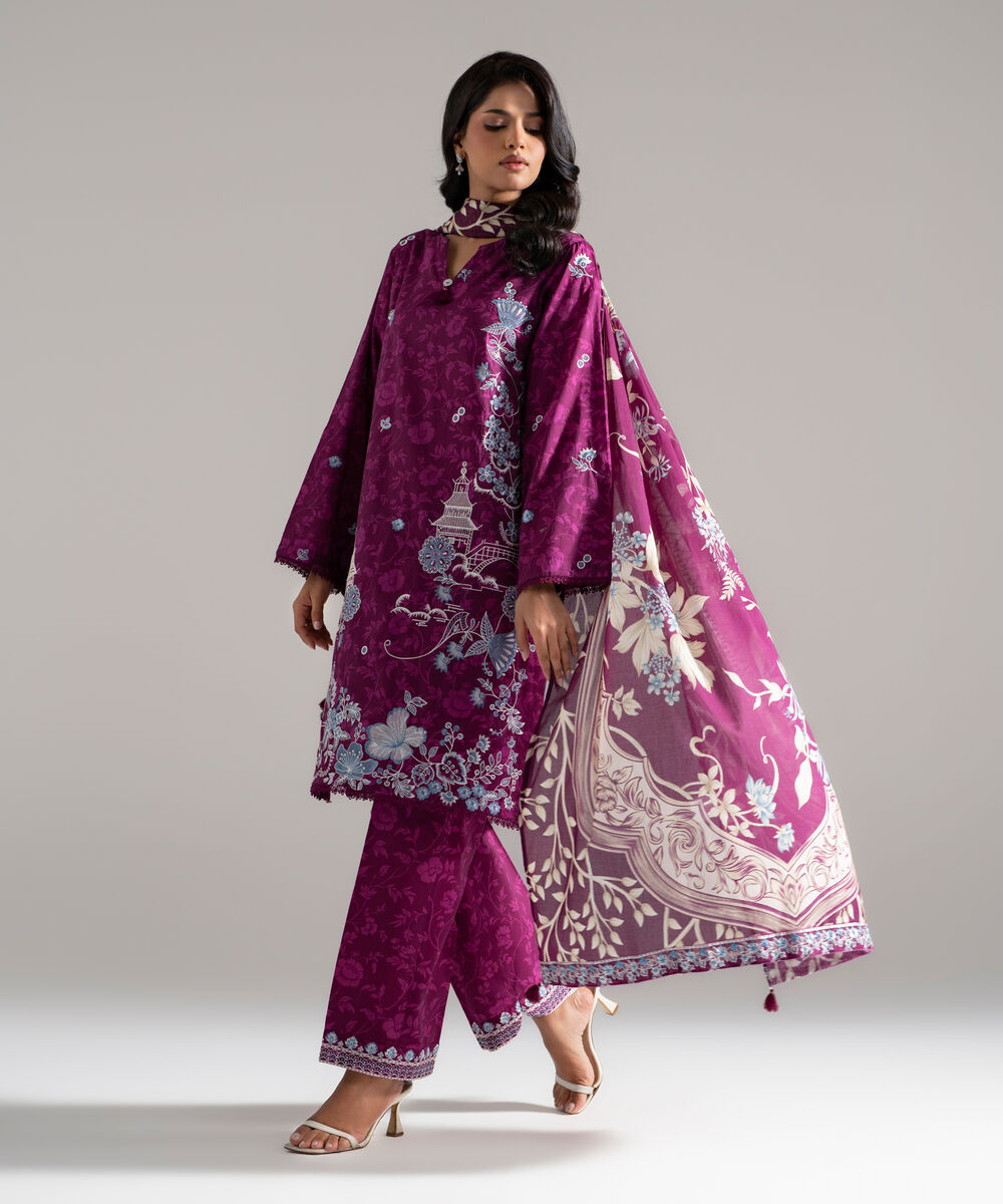 Women's RTW Lawn Embroidered Purple 3 Piece Suit