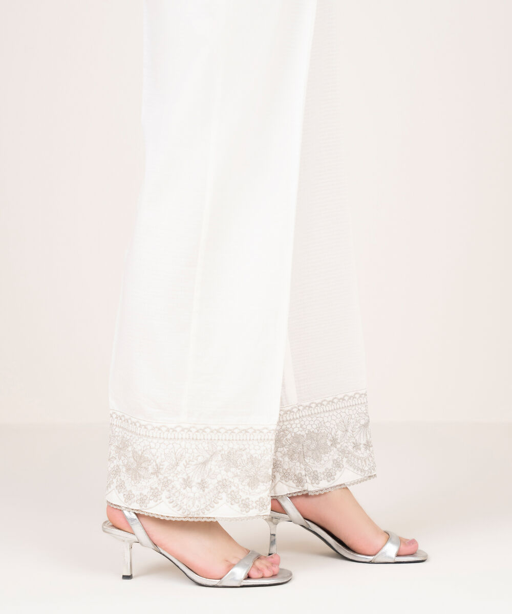 Women's RTW Textured Cotton Embroidered White Culottes