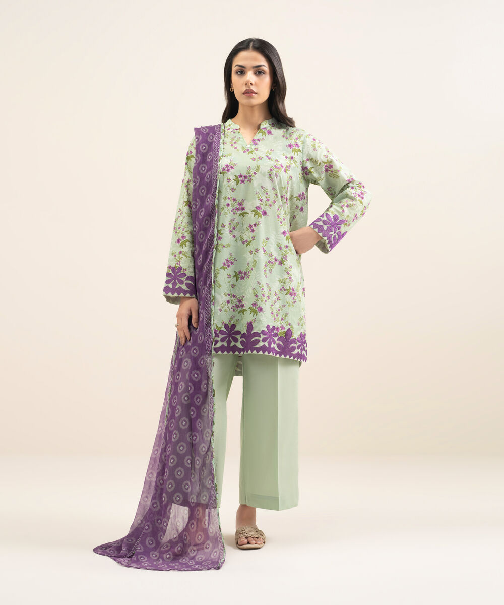 Women's RTW Slub Lawn Embroidered Green Straight Shirt
