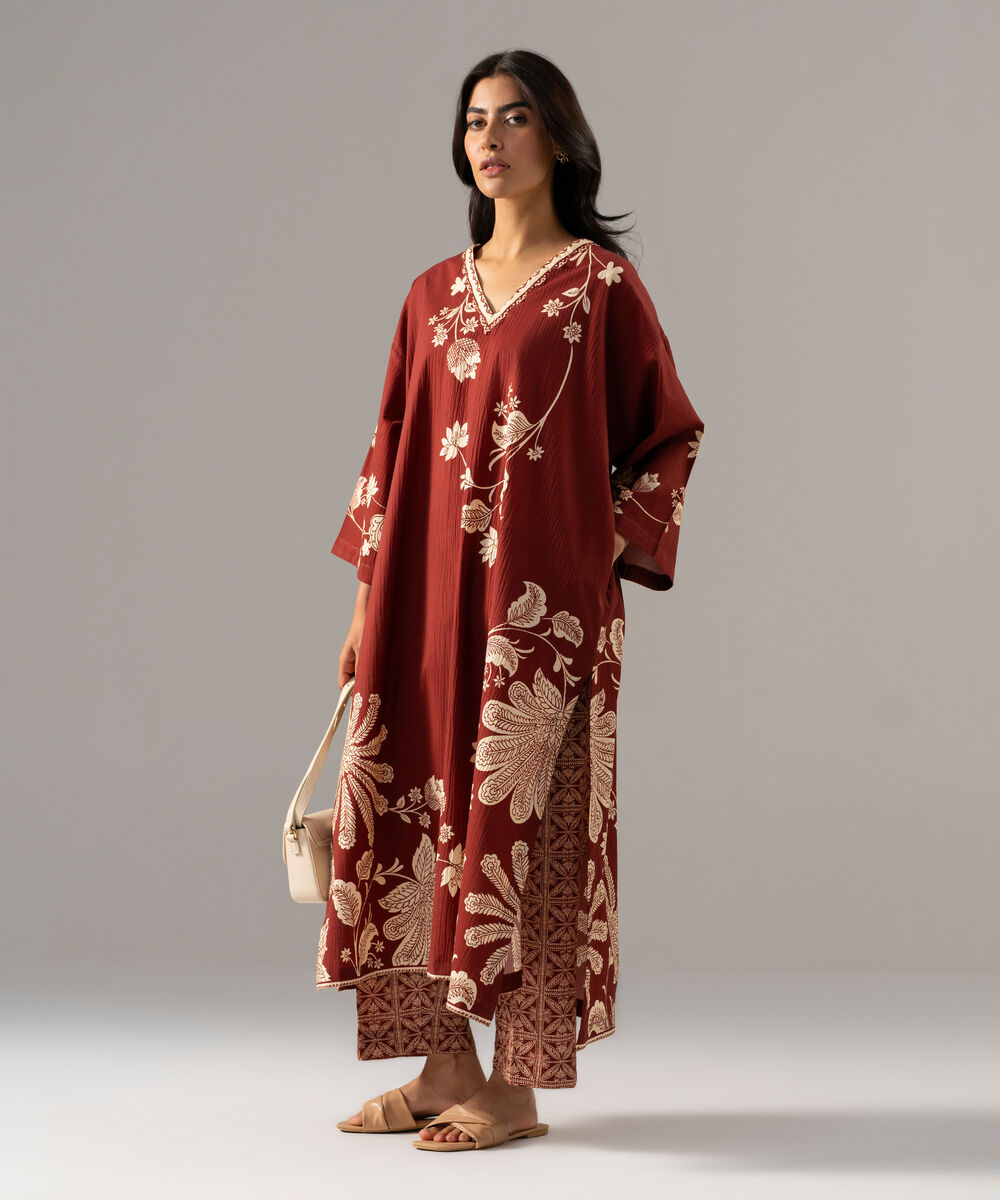 Women's RTW Seersucker Printed Maroon Drop Shoulder Shirt