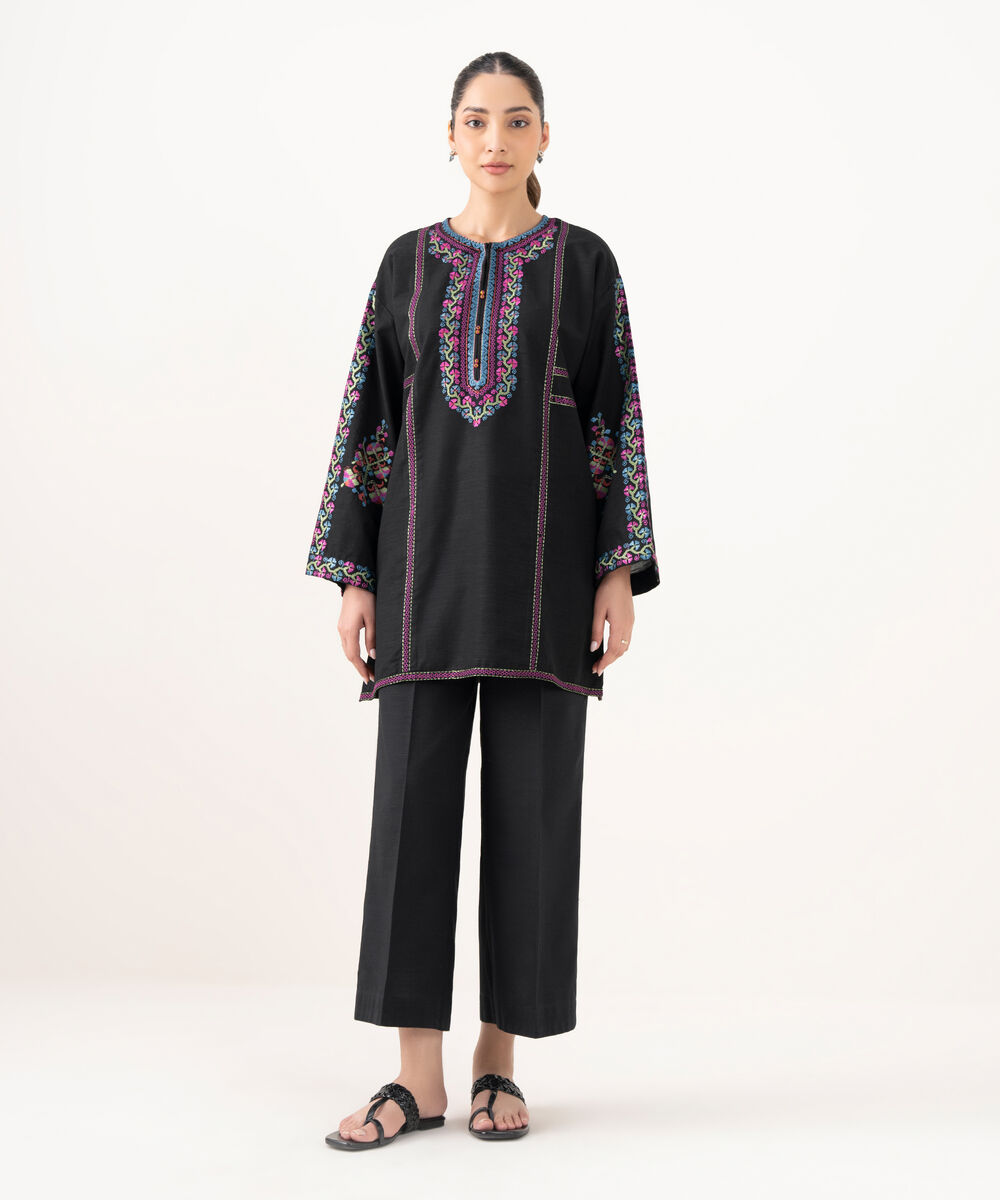 Women's RTW Cotton Embroidered Black Drop Shoulder Shirt