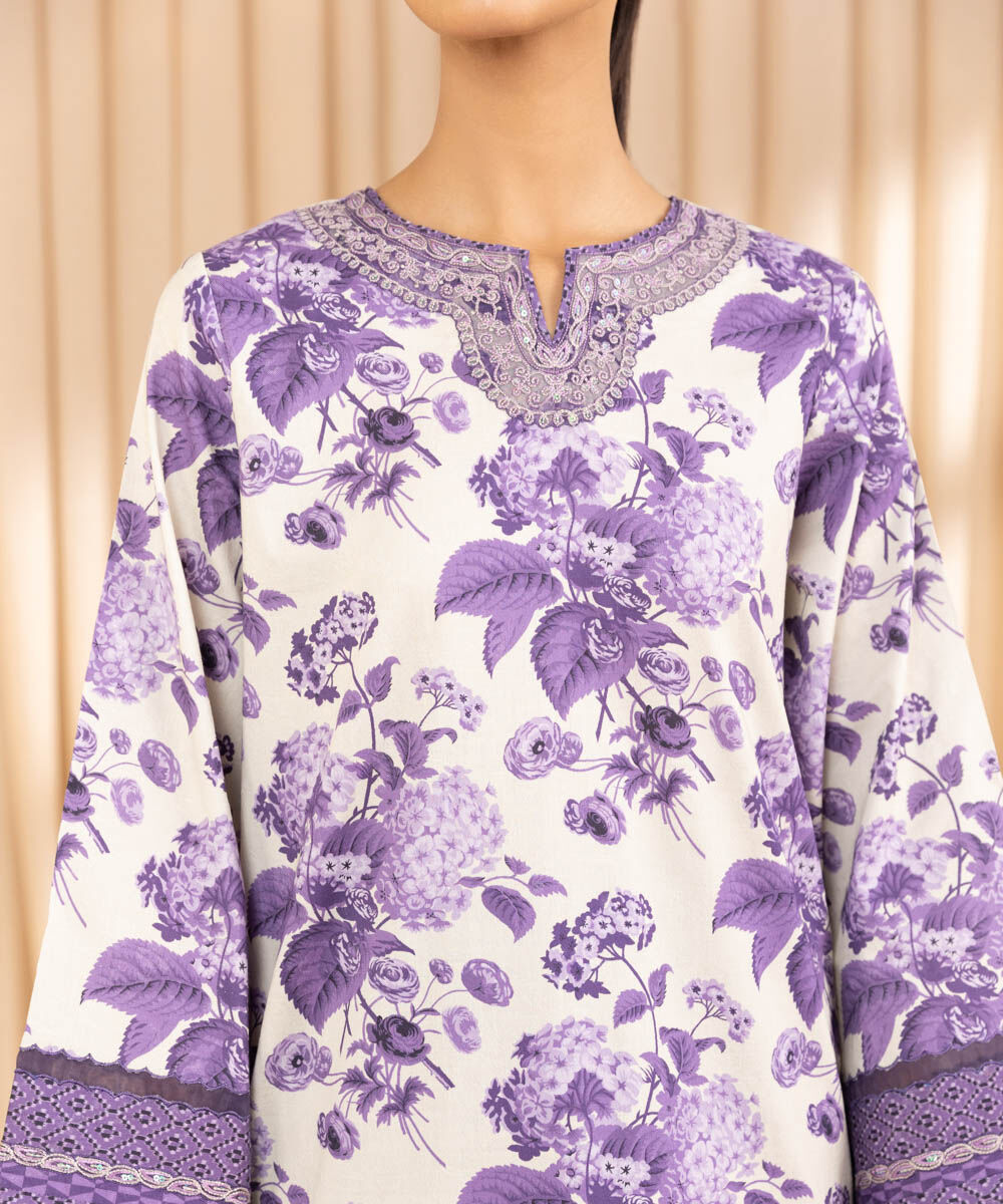 Unstitched Women's Embroidered Cotton Jacquard Purple Three Piece Suit