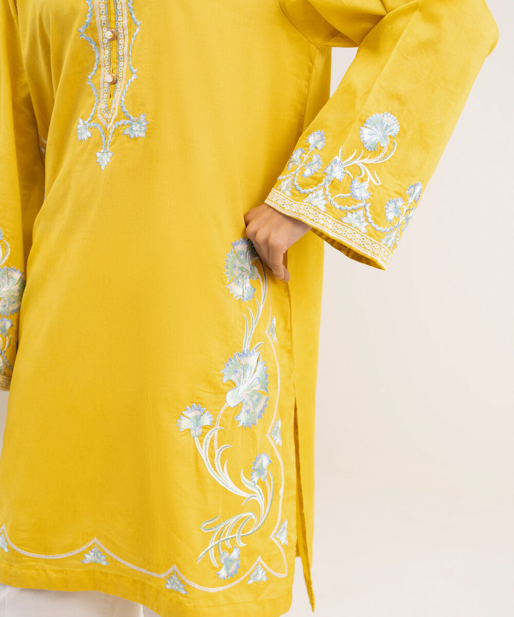 Women's RTW Self Jacquard Embroidered Yellow Straight Shirt