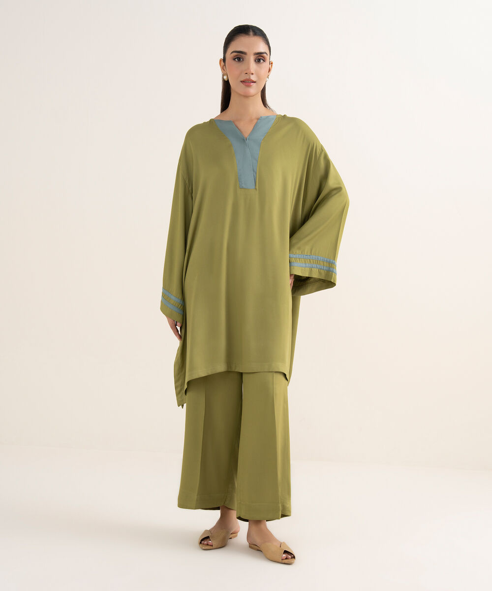 Women's RTW Bedford Solid Green Drop Shoulder Shirt