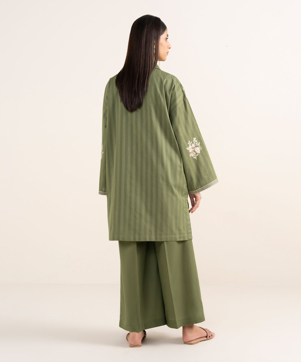 Women's RTW Textured Lawn Green Embroidered Boxy Shirt