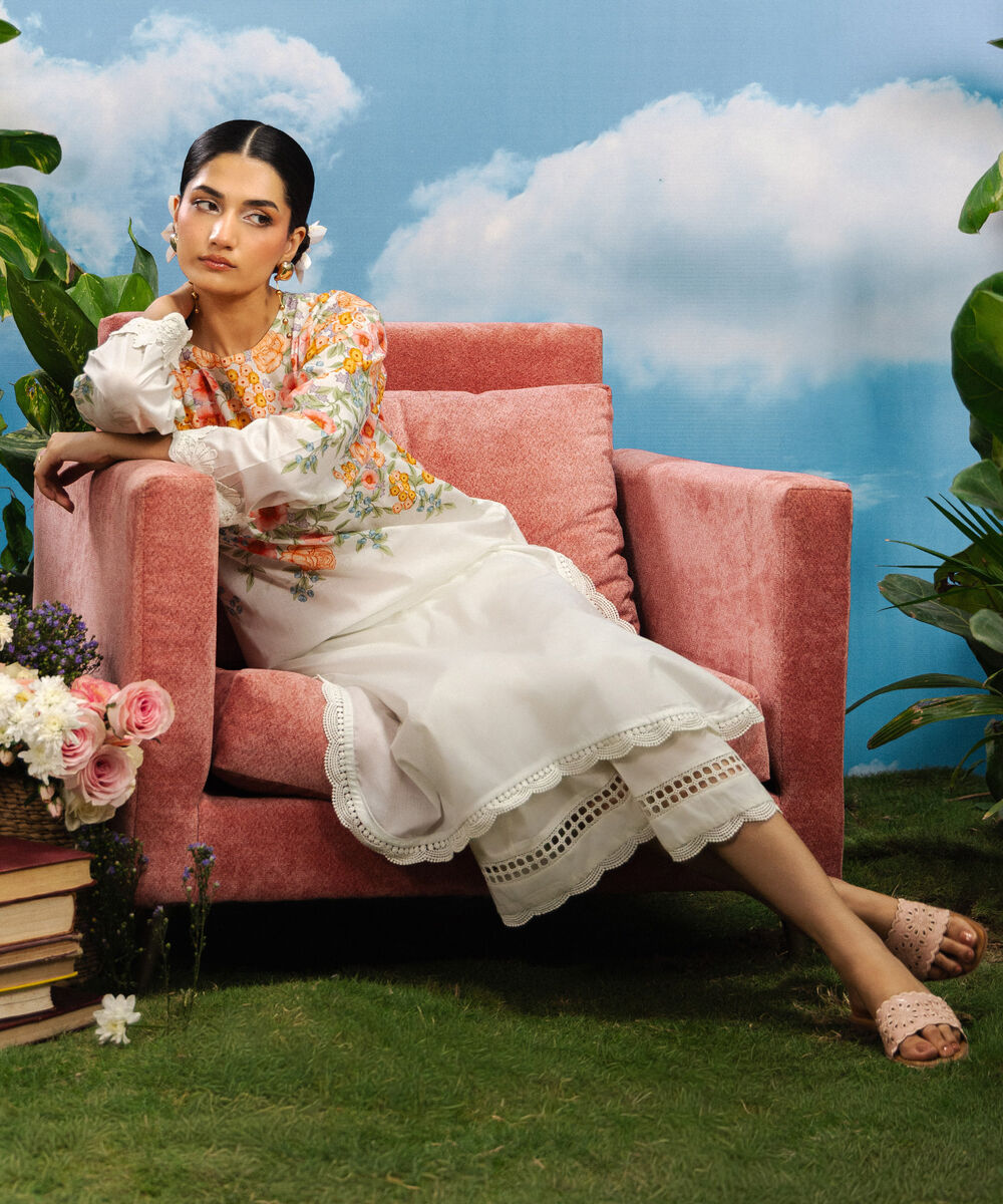 Women's RTW Lawn Printed White 2 Piece Suit