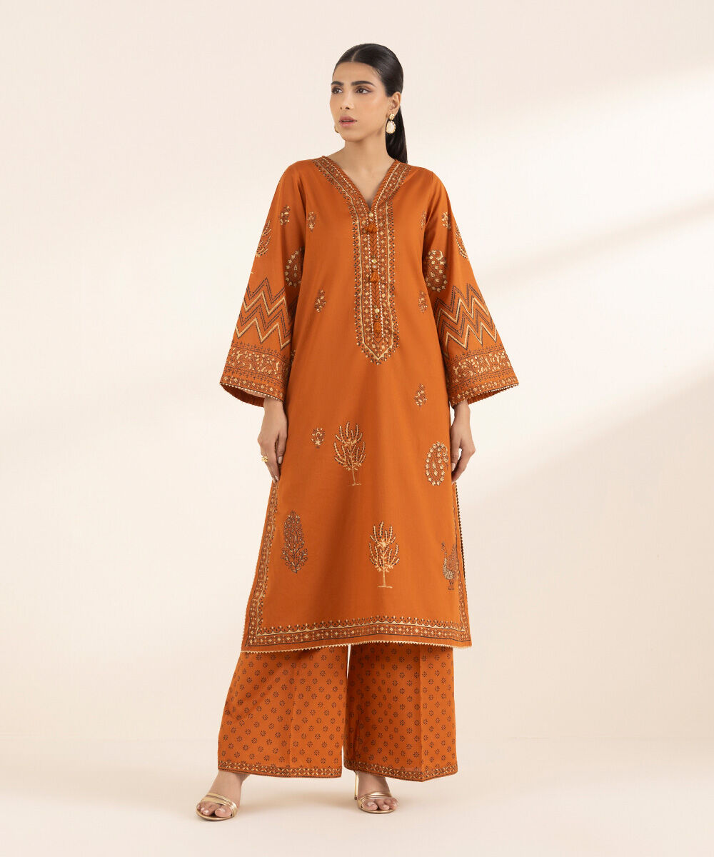 Women's RTW Lawn Orange Printed A-Line Shirt