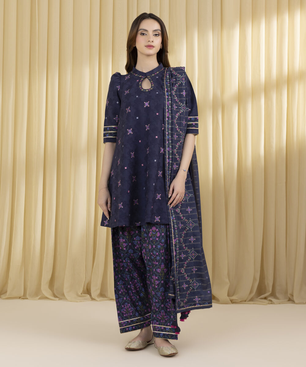 Unstitched Women's Blue Cotton Jacquard 3 Piece Suit