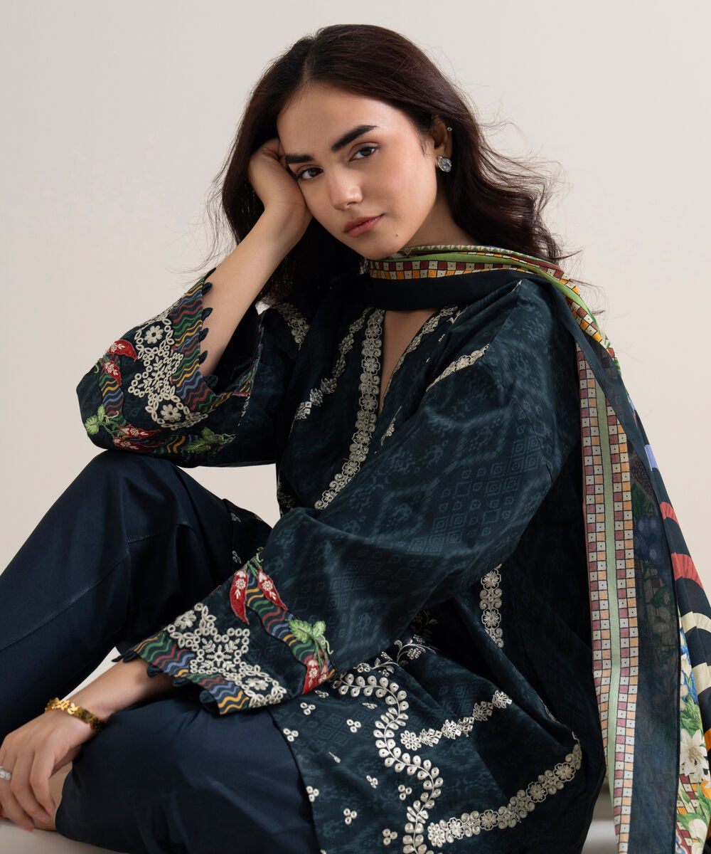 Women's Unstitched Lawn Embroidered Black