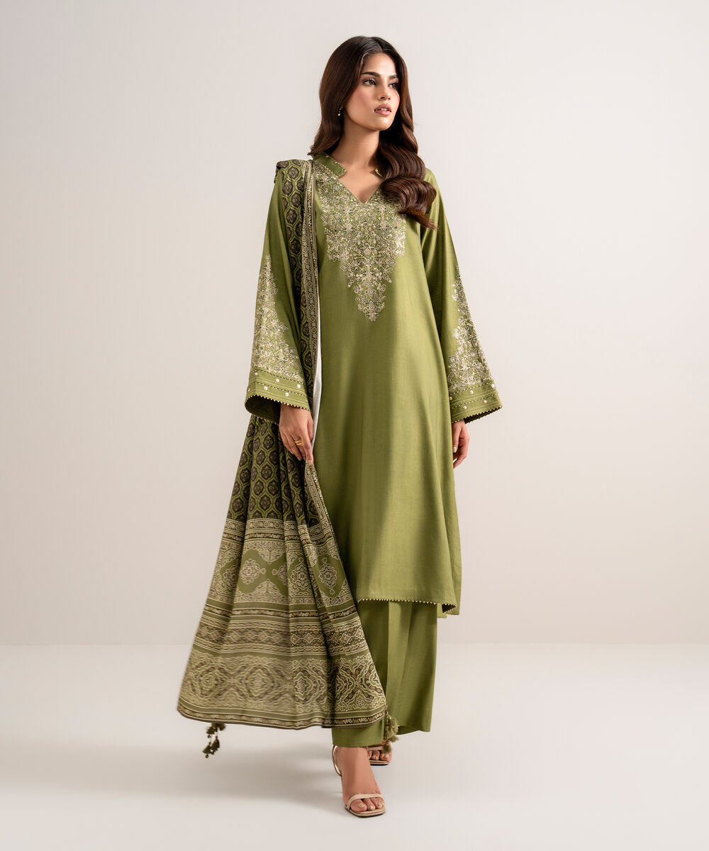Women's Unstitched Embroidered Linen Green 3 Piece Suit