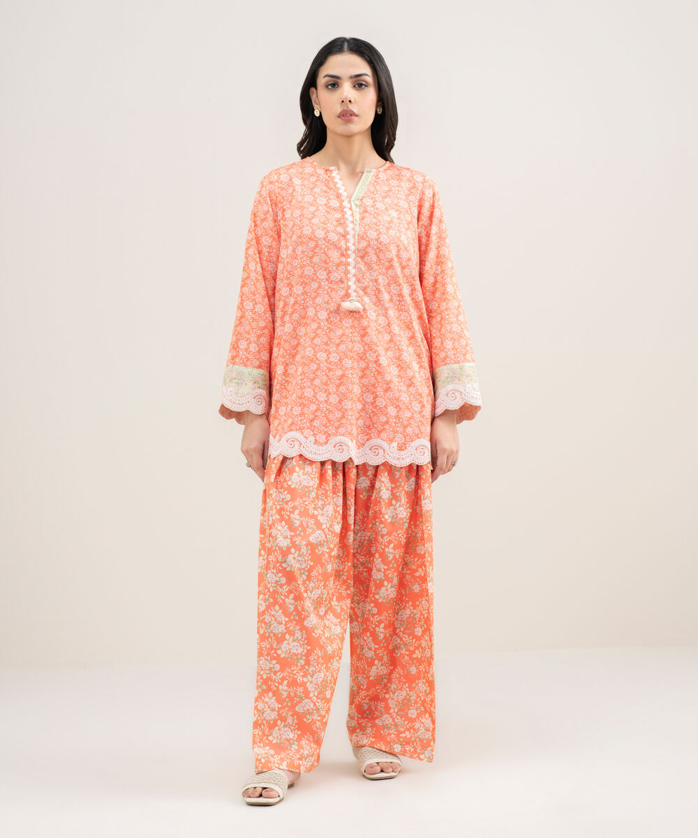 Women's RTW Dobby Embroidered Orange Straight Shirt
