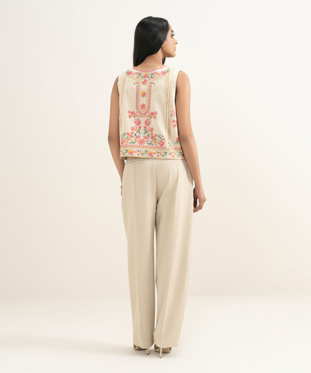 Women's RTW Dobby Embroidered Off White Waistcoat