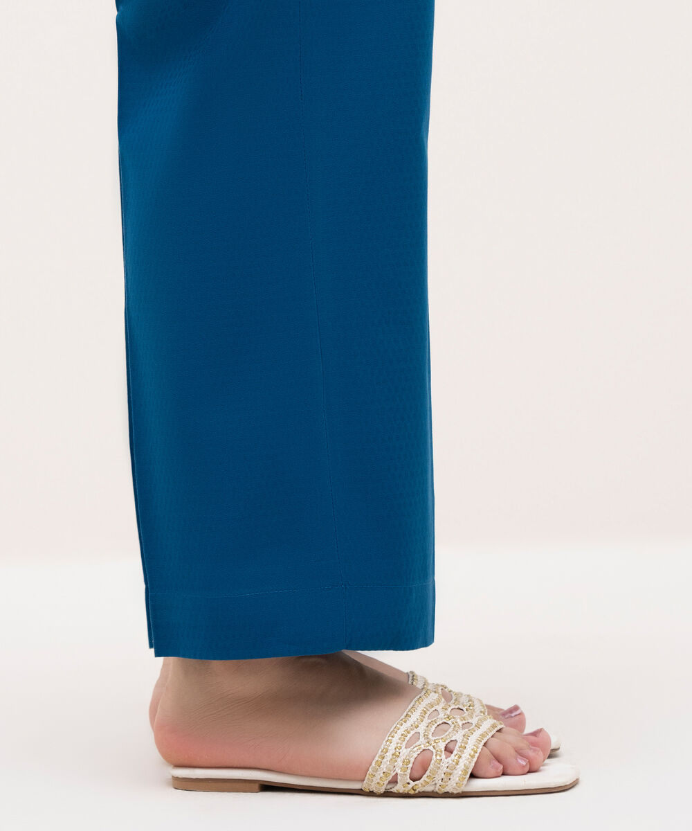 Women's RTW Textured Cotton Blue Solid Straight Pants