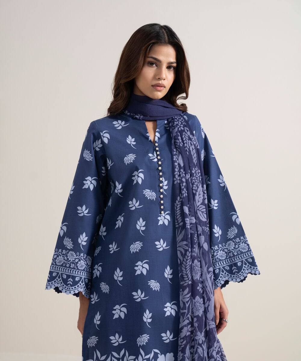 Women's Unstitched Lawn Printed Blue 3 Piece Suit
