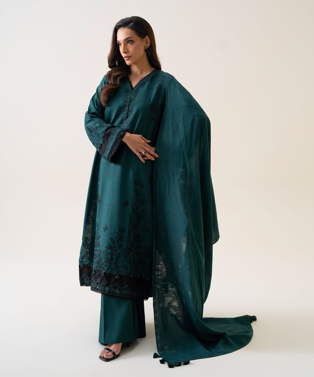 Women's Unstitched Light Khaddar Embroidered Teal 3 Piece Suit