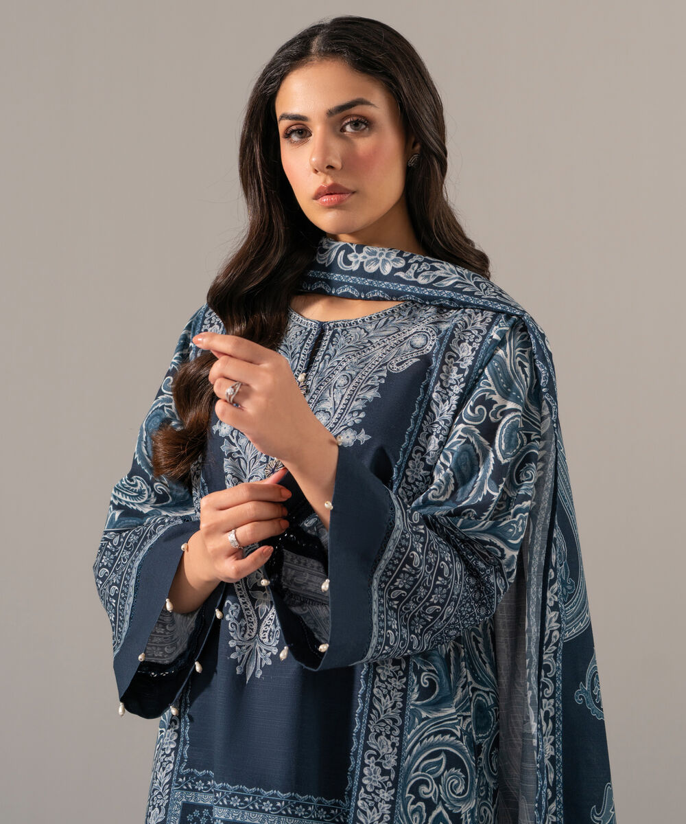 Women's RTW Khaddar Printed Blue 3 Piece Suit