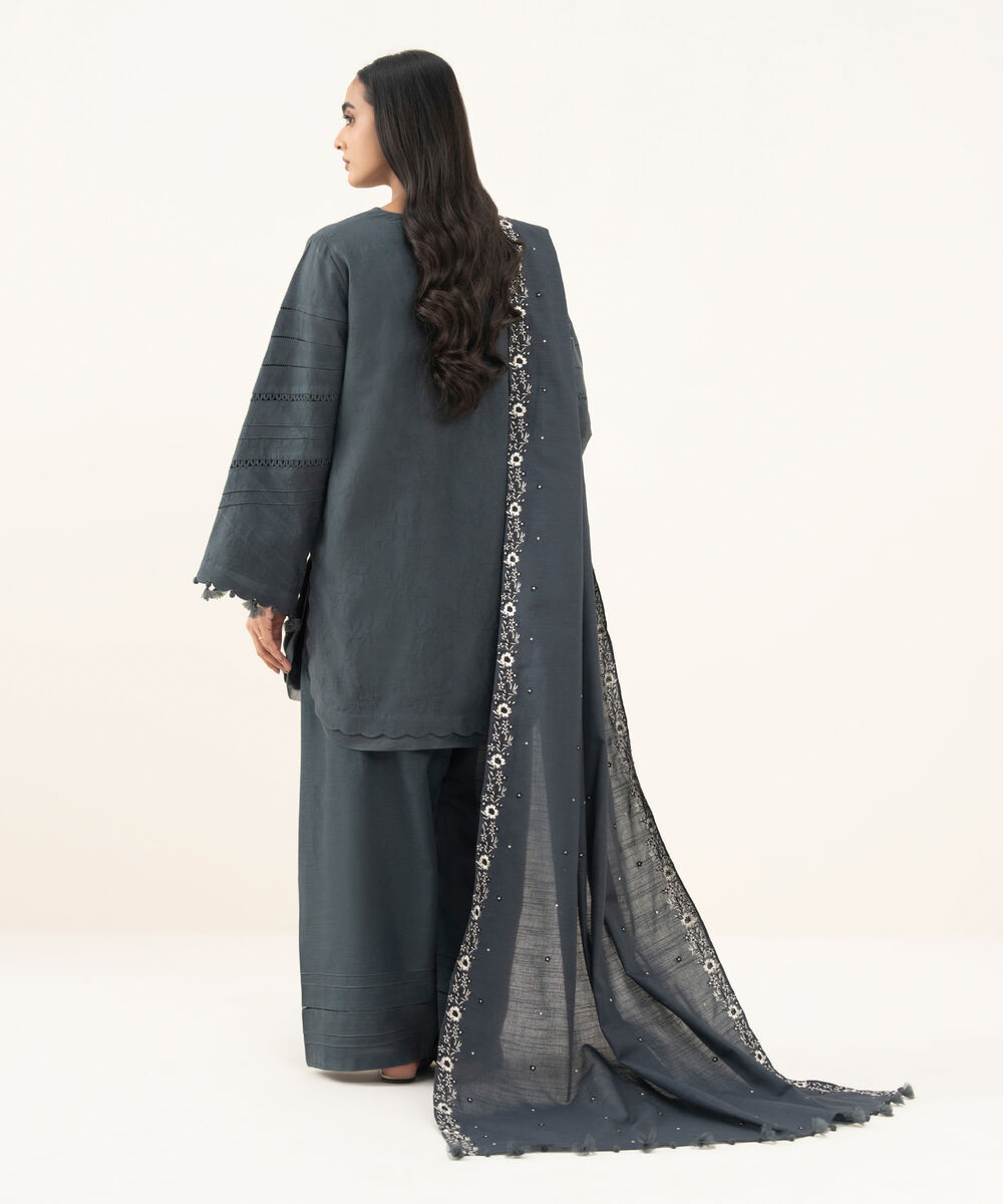 Women's Unstitched Dyed Cotton Jacquard Grey 3 Piece Suit