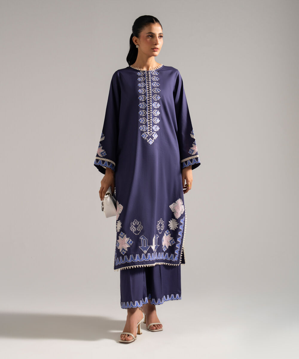 Women's RTW Dobby Embroidered Blue 2 Piece Suit