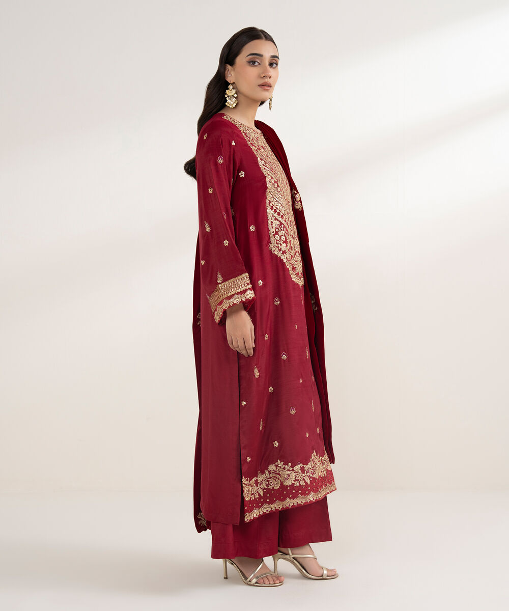 Women's Unstitched Viscose Raw Silk 3 Piece Suit
