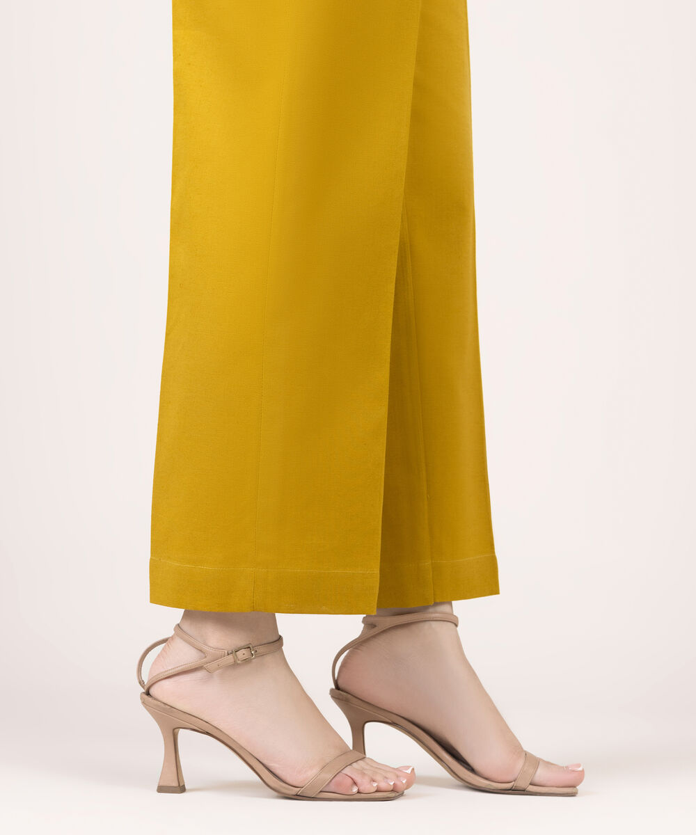 Women's RTW Cotton Linen Yellow Solid Straight Pants