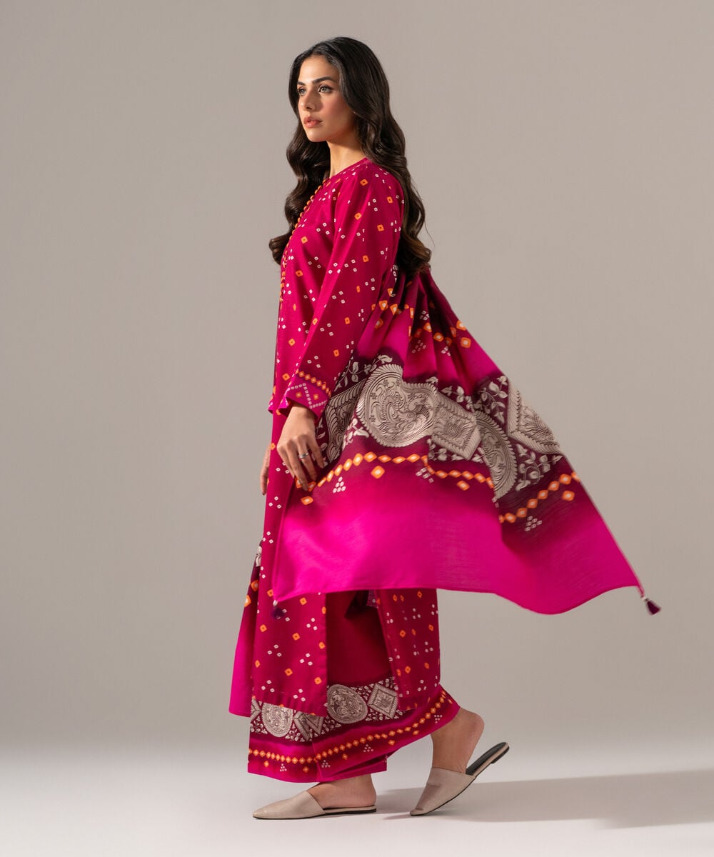 Women's RTW Khaddar Printed Pink 3 Piece Suit