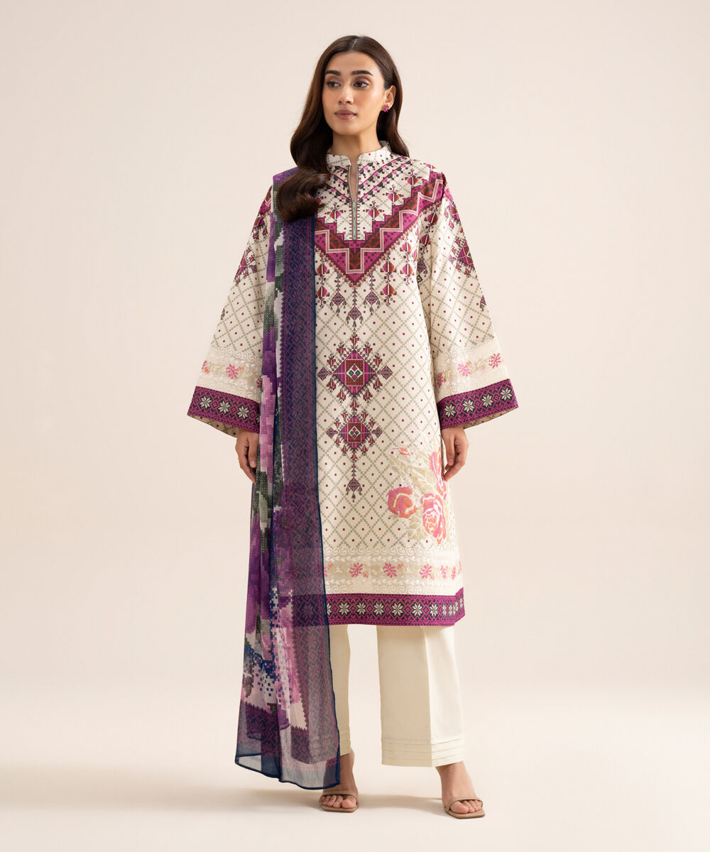 Women's Unstitched Zari Cotton Embroidered Off White  3 Piece Suit