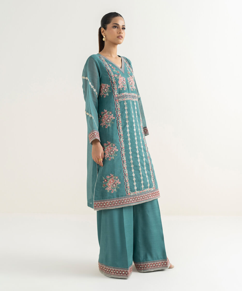 Women's RTW Blended Textured Karandi Embroidered Straight Blue Shirt