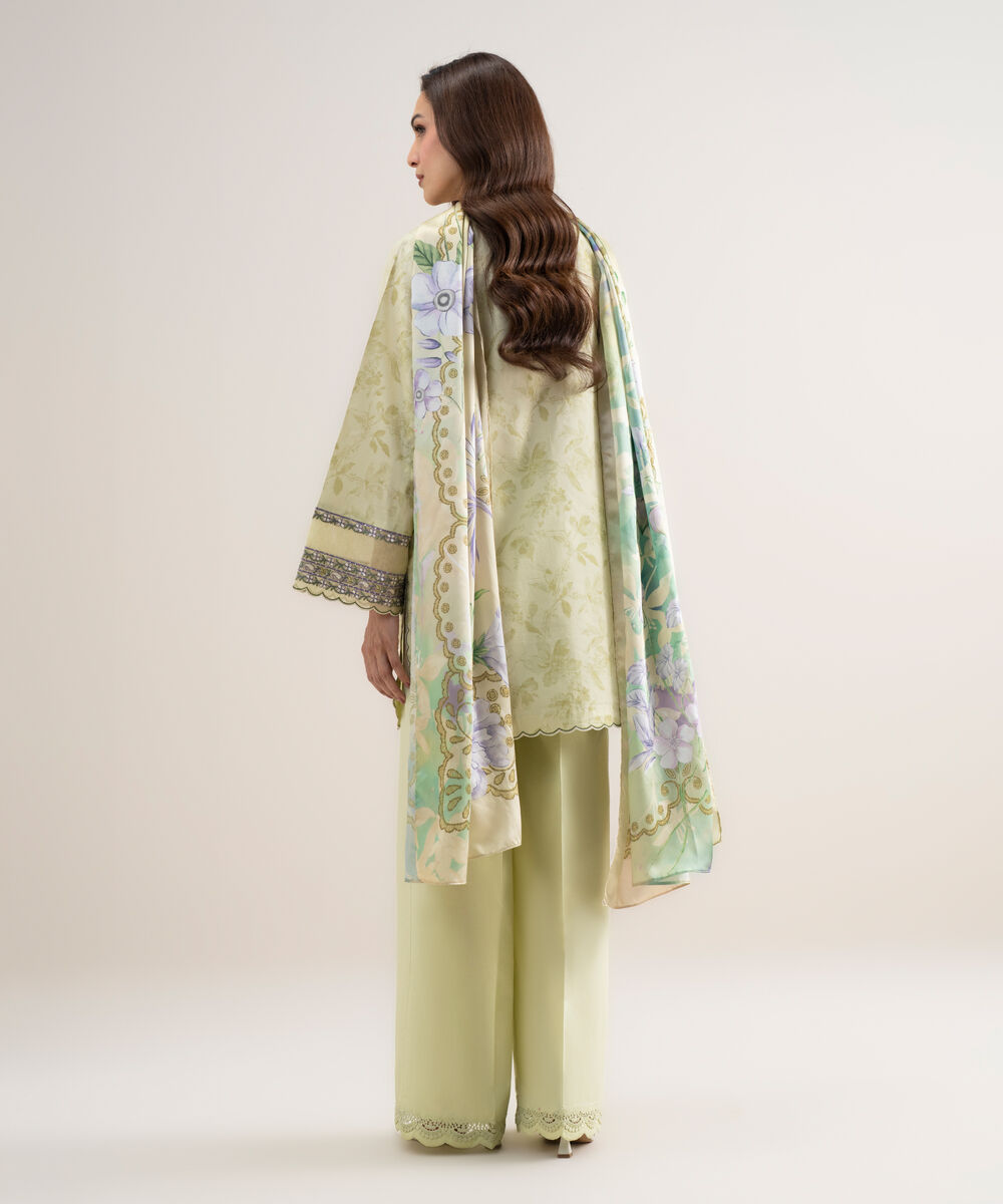 Women's Unstitched Lawn Embroidered Lime Yellow 3 Piece Suit