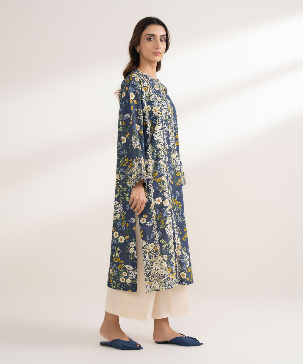 Women's RTW Khaddar Embroidered A-Line Blue Shirt