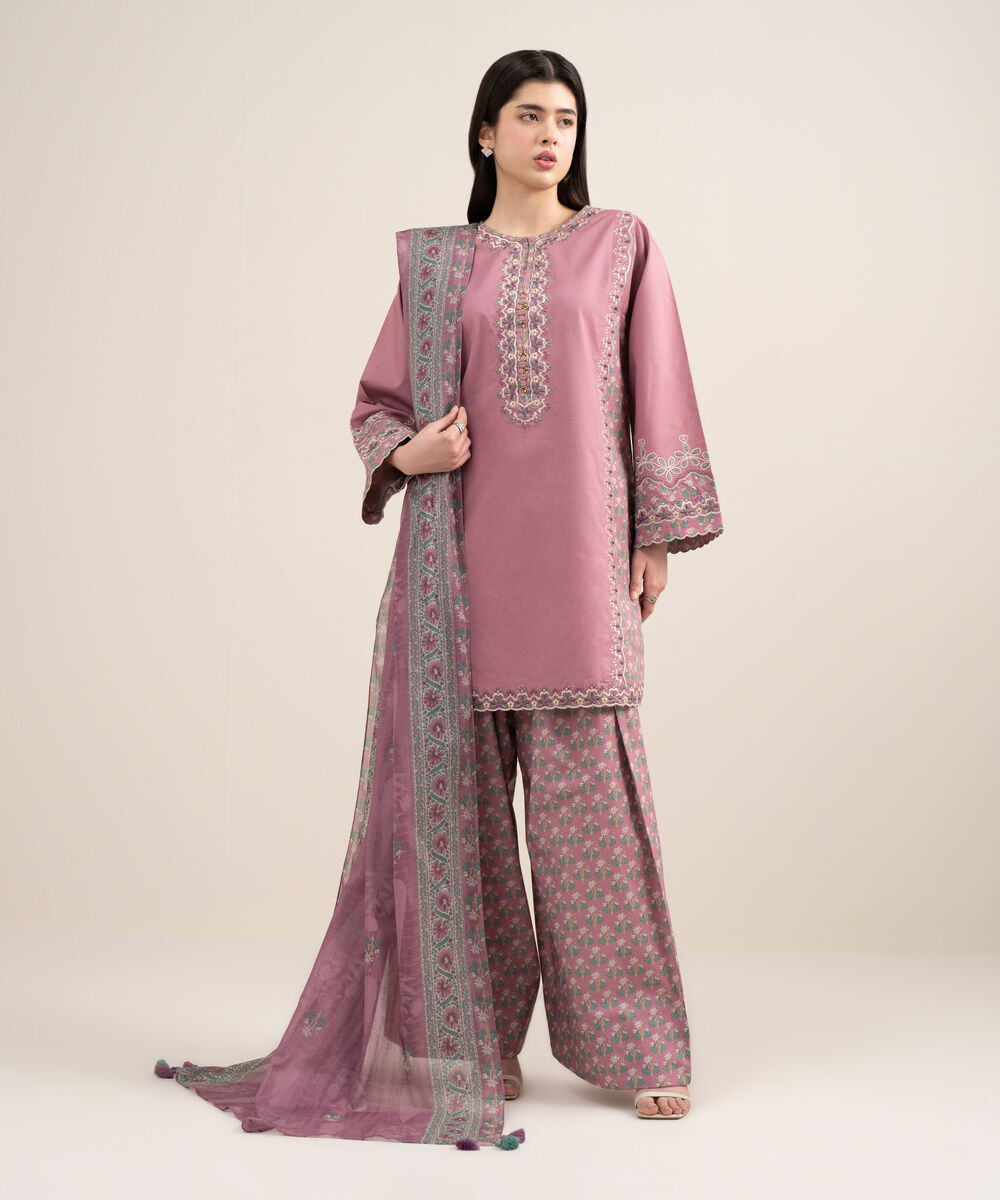Women's Unstitched Textured Lawn Embroidered Pink 3 Piece Suit