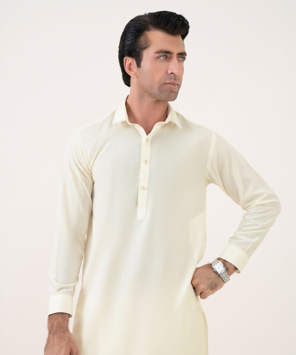 Men's Viscose Plain Off-White Kameez Shalwar