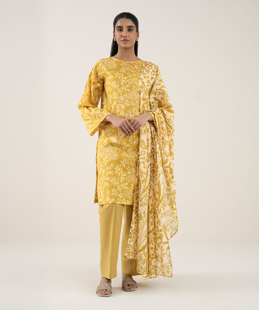 Women's Unstitched Lawn Printed Yellow 3 Piece Suit