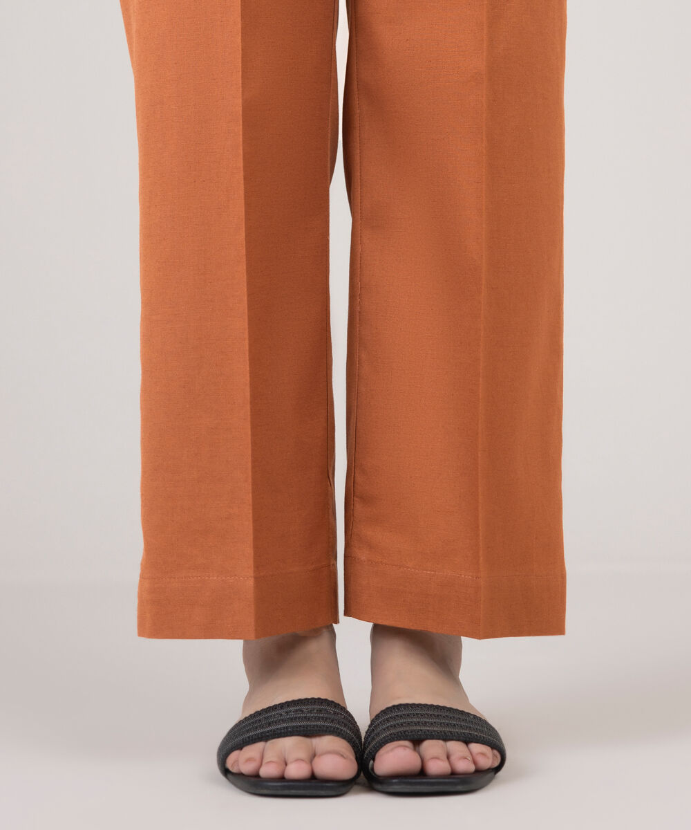 Women's RTW Cotton Linen Orange Solid Straight Pants
