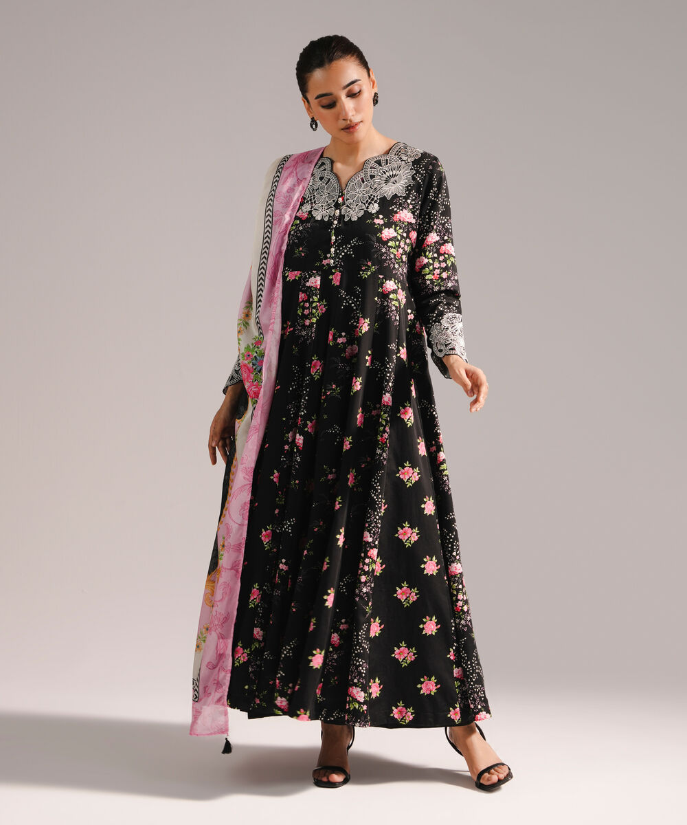 Women's RTW Cotton Satin Embroidered Black 3 Piece Suit