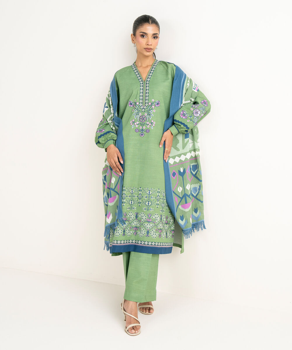 Women's Unstitched Twill Embroidered Green  3 Piece Suit