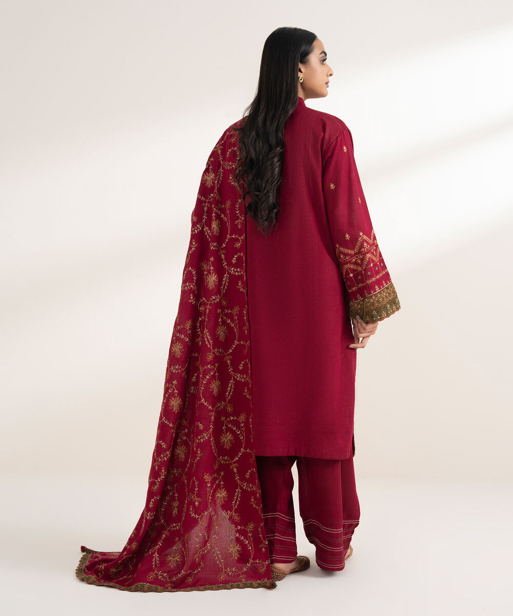 Women's RTW Cotton Karandi Embroidered Maroon 3 Piece Suit