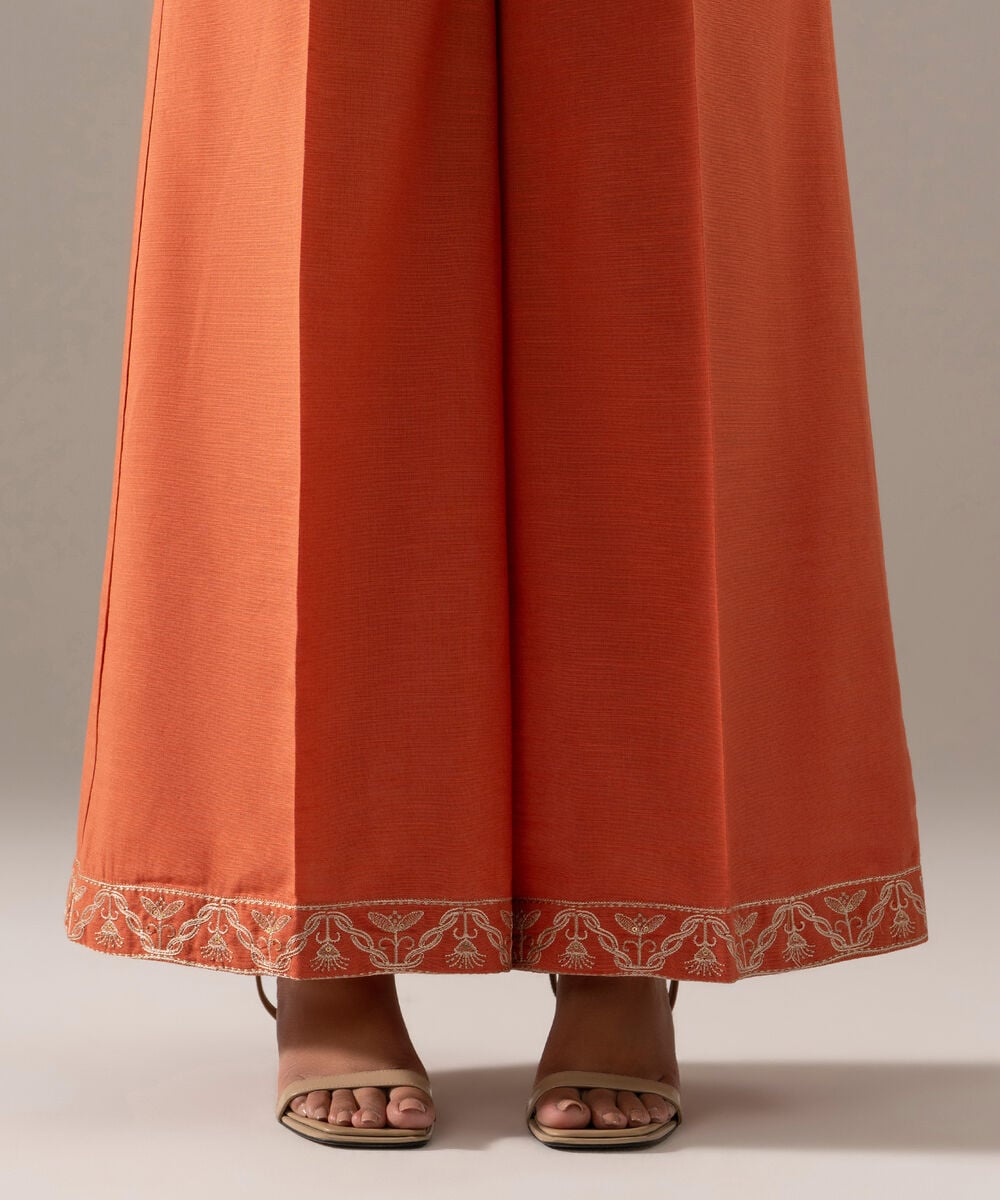 Women's RTW Khaddar Solid Orange Flared Pants