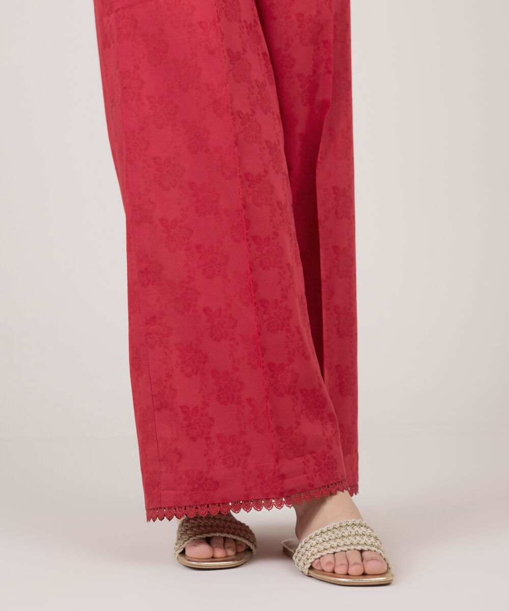 Women's RTW Cotton Jacquard Red Solid Culottes