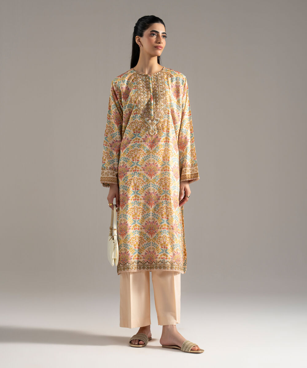 Women's RTW Lawn Printed Embroidered Pale Yellow 2 Piece Suit