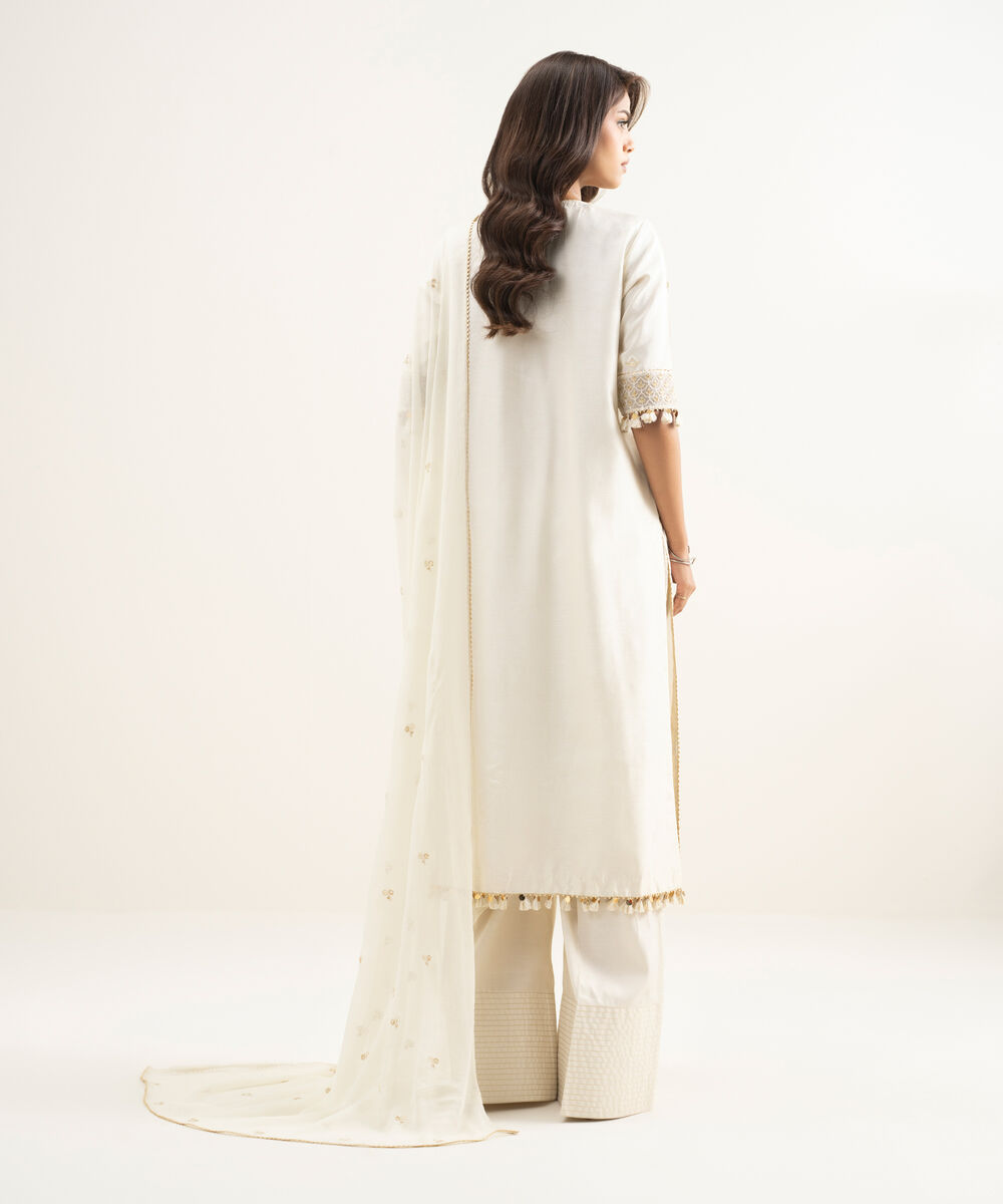 Women's Unstitched Raw Silk Embroidered Off White  3 Piece Suit