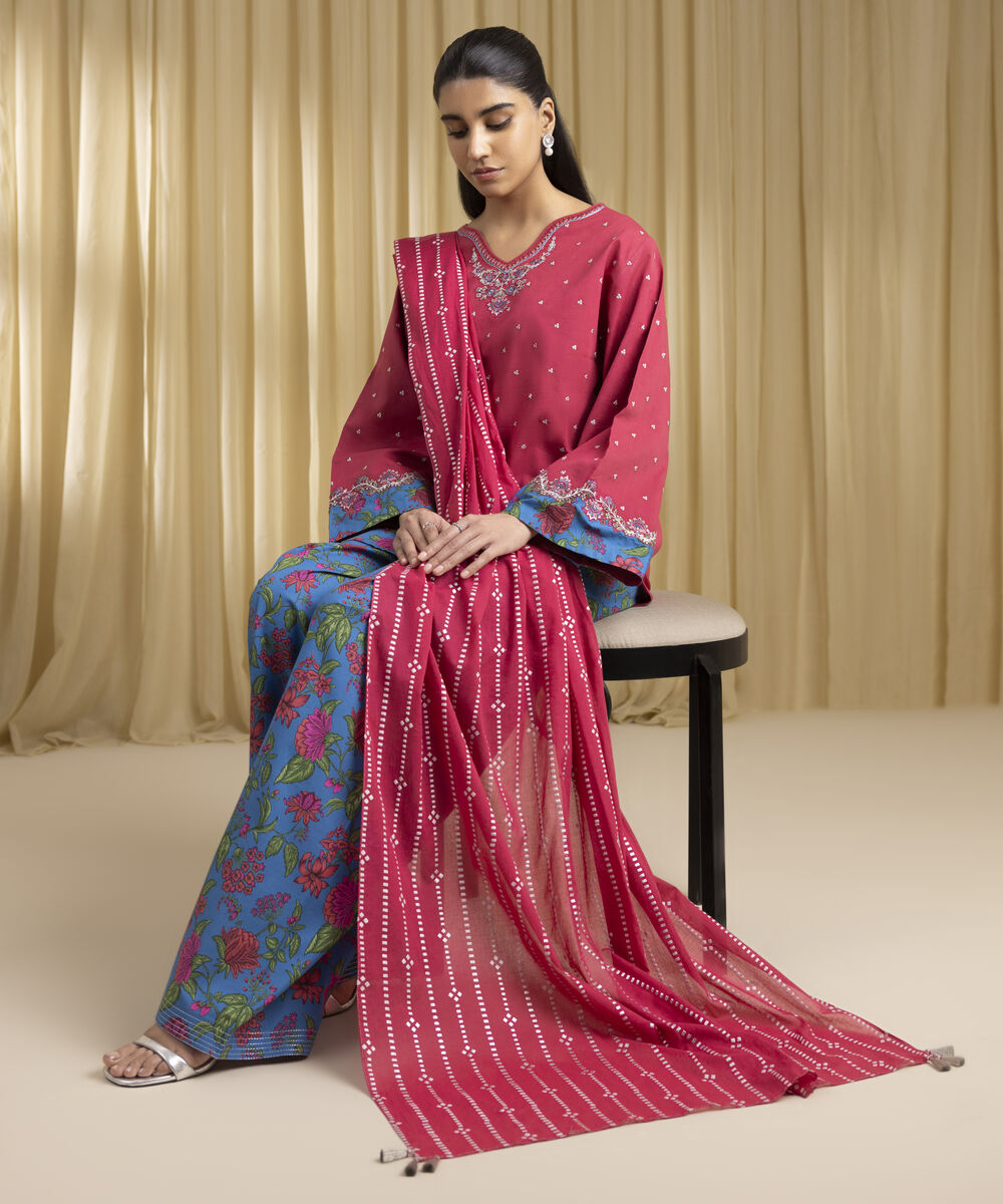 Unstitched Women's Red Textured Lawn 3 Piece Suit