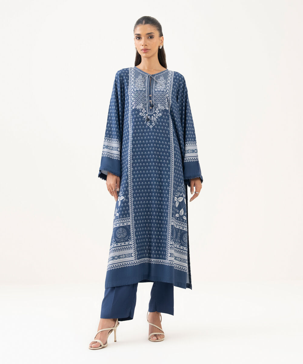 Women's RTW Viscose Linen Printed Blue A-Line Shirt