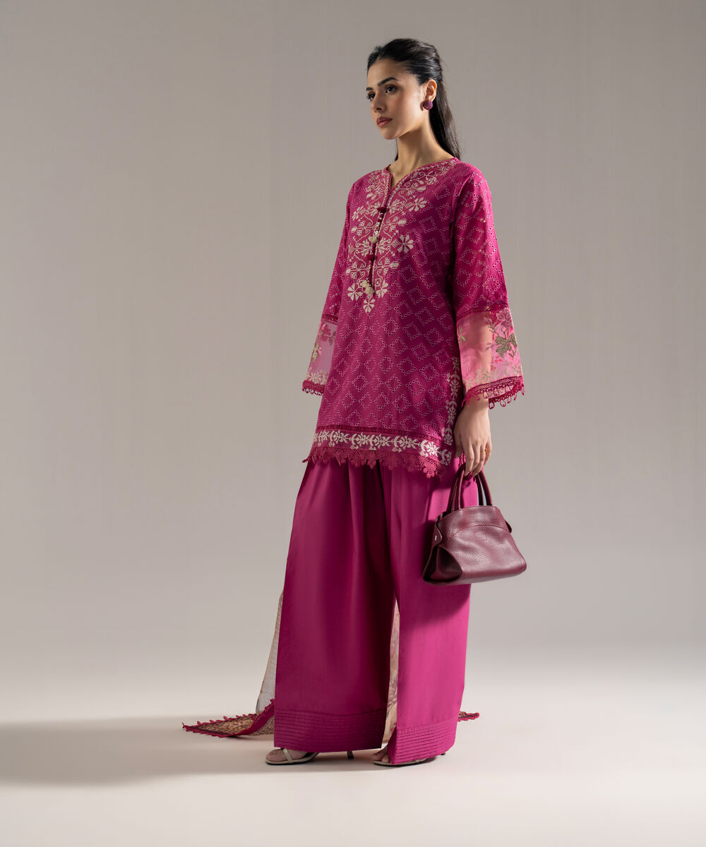 Women's RTW Dobby Solid Embroidered Pink 3 Piece Suit